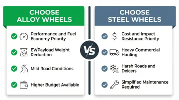 Alloy versus steel wheel selection decision framework two-column comparison infographic