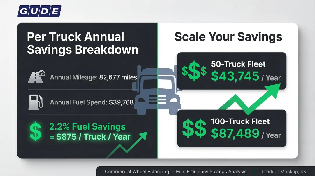 Annual fuel savings per truck and fleet from proper wheel balancing infographic