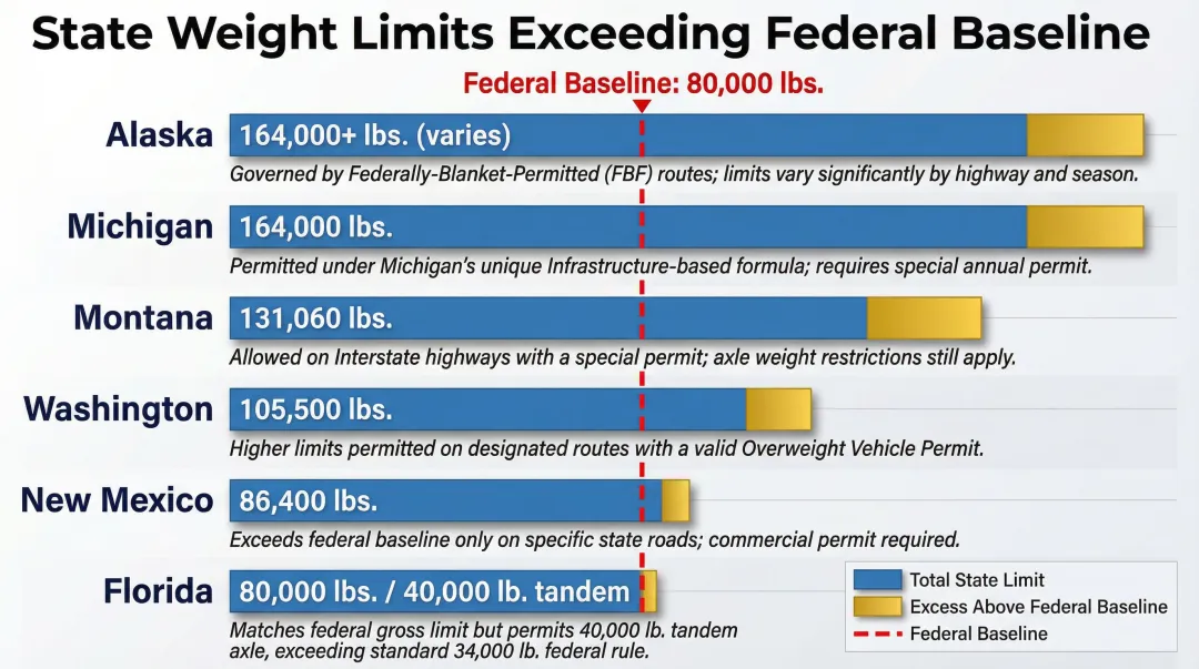 Six notable state truck weight limit exceptions comparison chart above federal baseline