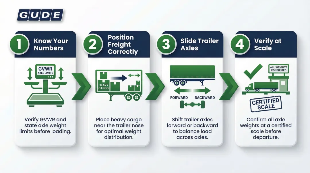 Four-step commercial truck load distribution compliance process from pre-load to final axle check