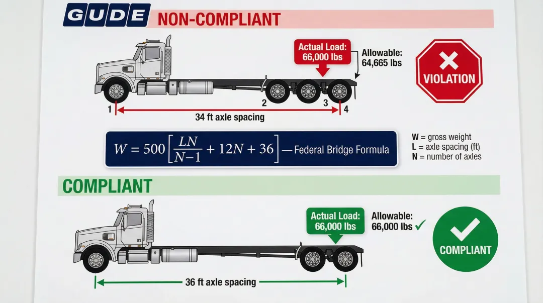 Federal Bridge Formula axle spacing compliance example showing weight calculation before and after adjustment