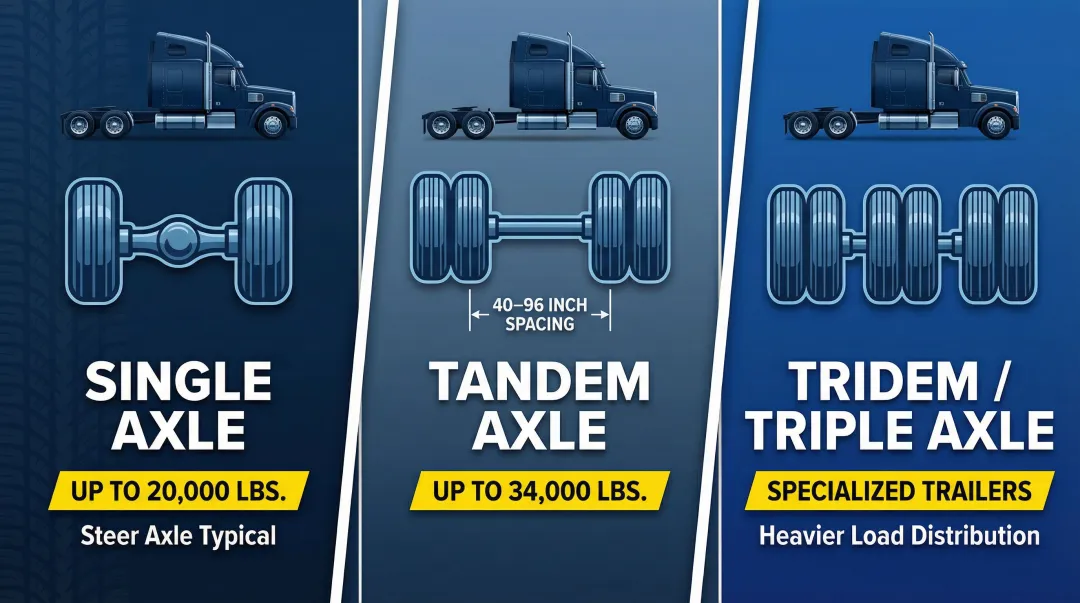 Three commercial truck axle group types single tandem and tridem classification diagram