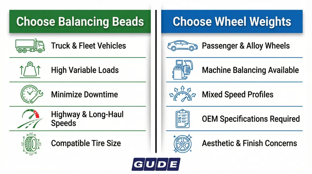Decision guide choosing tire balancing beads versus wheel weights by vehicle type