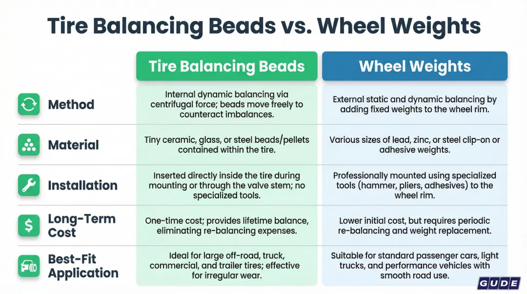 Tire balancing beads versus wheel weights five-factor side-by-side comparison infographic