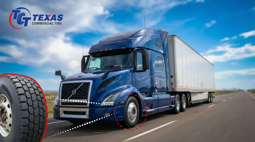 Commercial fleet truck tires on highway showing long-haul heavy vehicle application