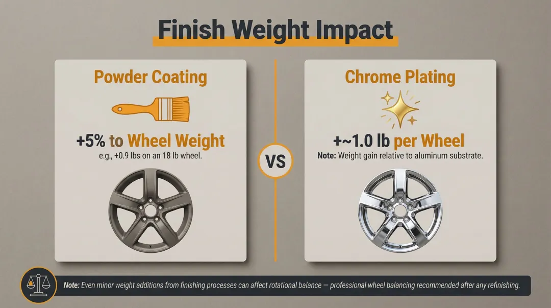 Wheel finish coating weight additions comparison powder coat chrome plating effects