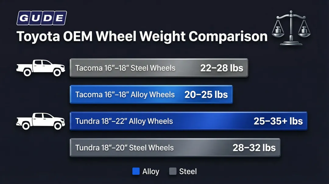 Toyota truck OEM wheel weight ranges for Tacoma and Tundra by material and size