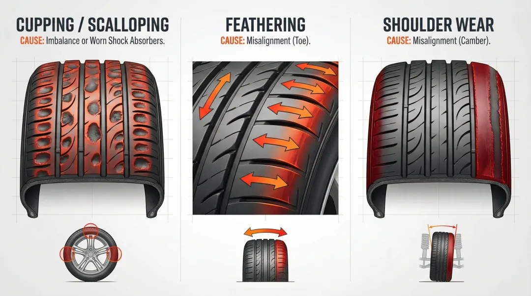 Tire wear pattern comparison chart cupping feathering shoulder wear causes