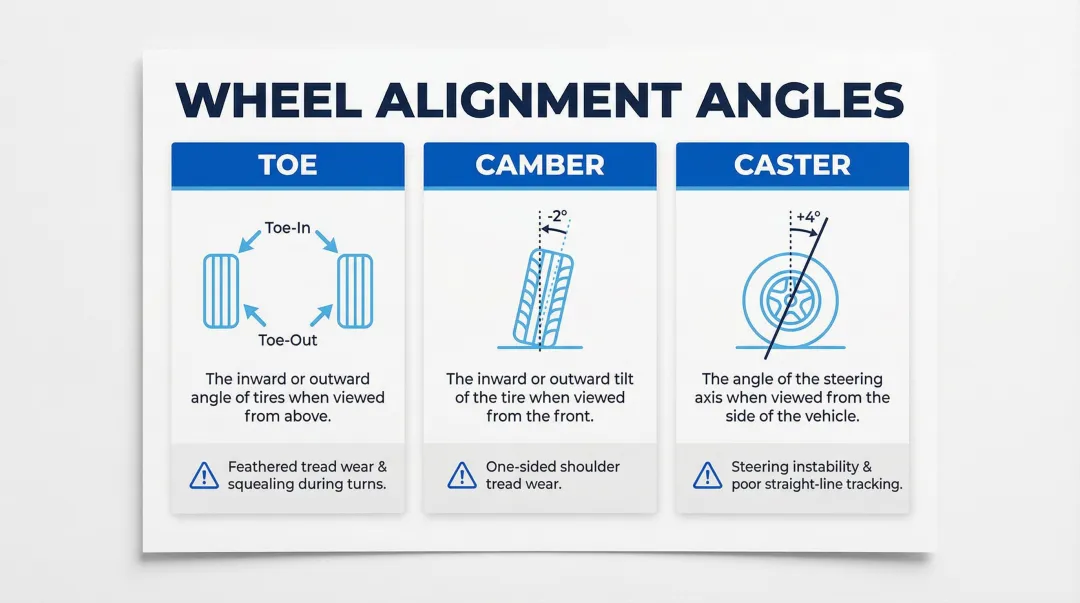 Three wheel alignment angles toe camber caster definitions and effects comparison