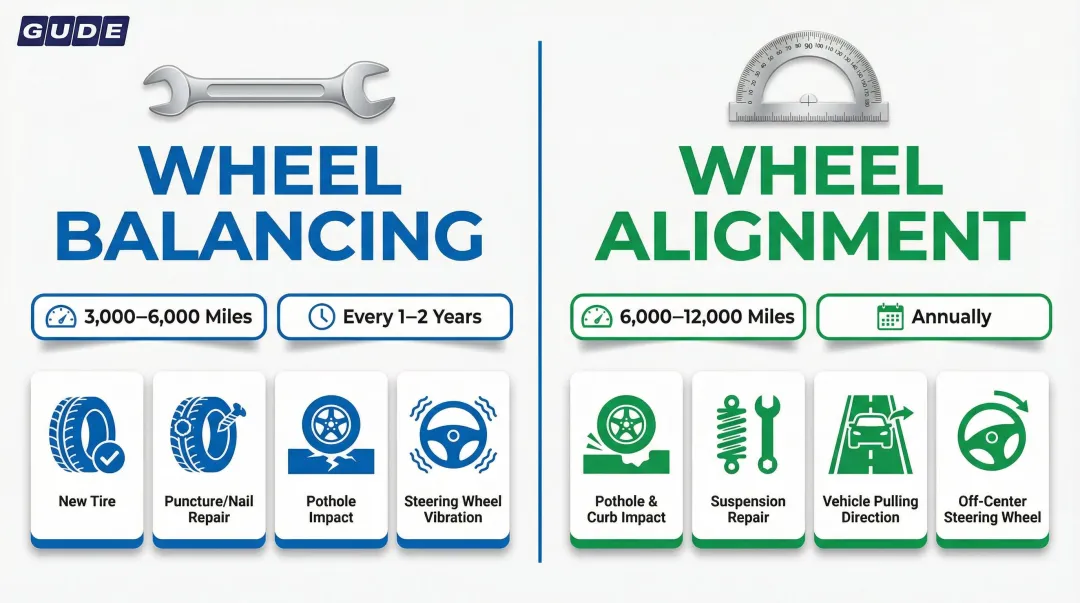 Wheel balancing versus alignment service intervals mileage and trigger events comparison
