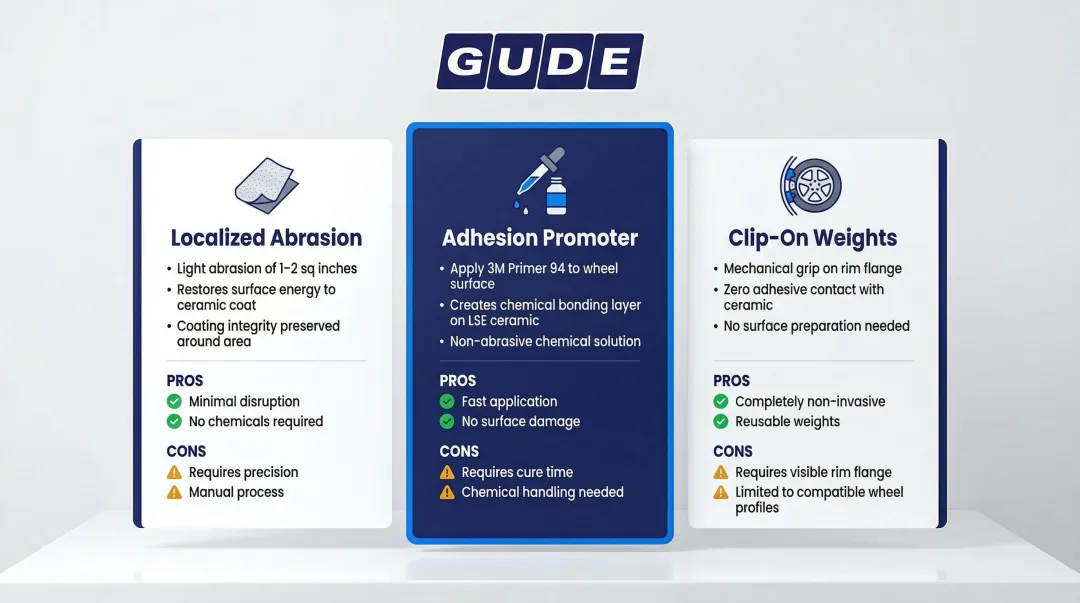 Three solutions for rebalancing ceramic-coated wheels comparison infographic