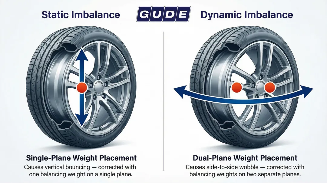 Static versus dynamic wheel imbalance single-plane and dual-plane correction comparison