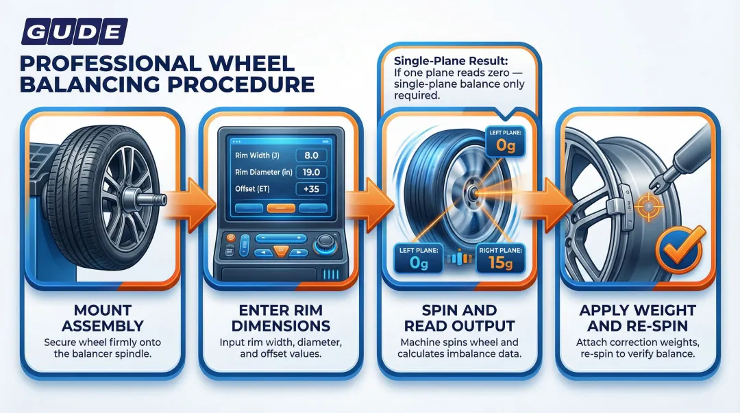 Four-step wheel balancing process from mounting to verification spin infographic