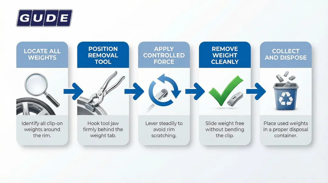 5-step clip-on wheel weight removal process flow infographic