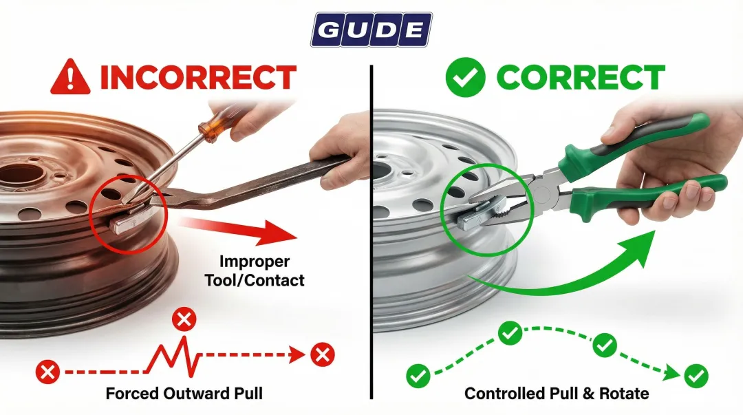 Correct versus incorrect wheel weight removal technique comparison infographic