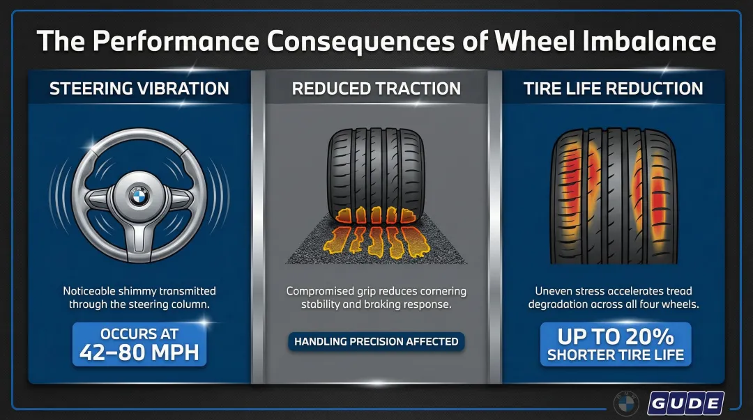 Three BMW wheel imbalance consequences showing vibration wear and traction loss