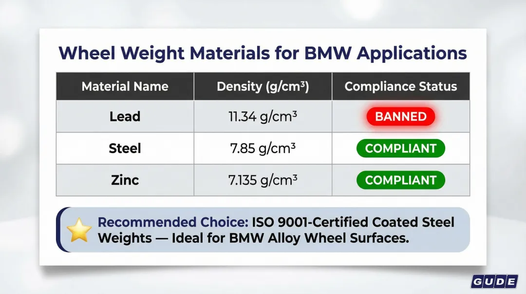 Lead-free wheel weight materials comparison chart density compliance status BMW applications