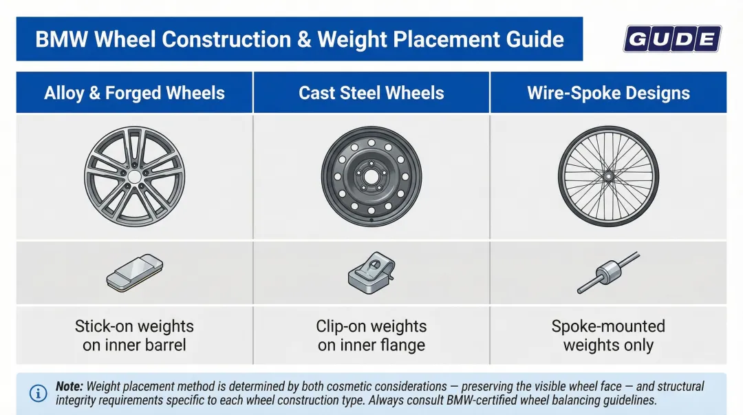 BMW wheel type versus balance weight placement method comparison chart