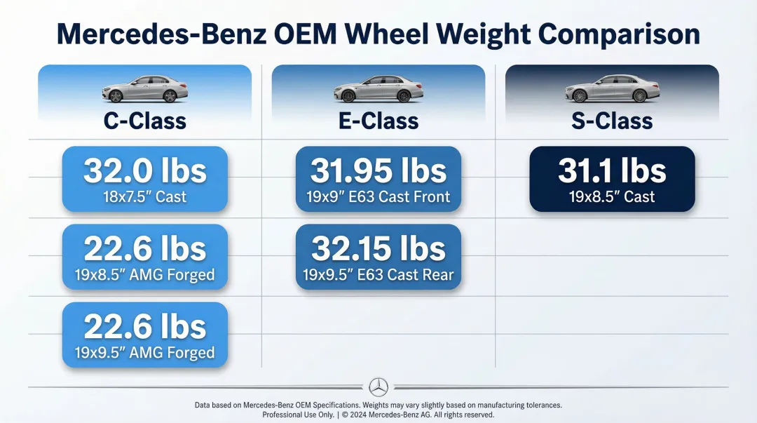 Mercedes passenger car OEM wheel weight comparison by class and diameter