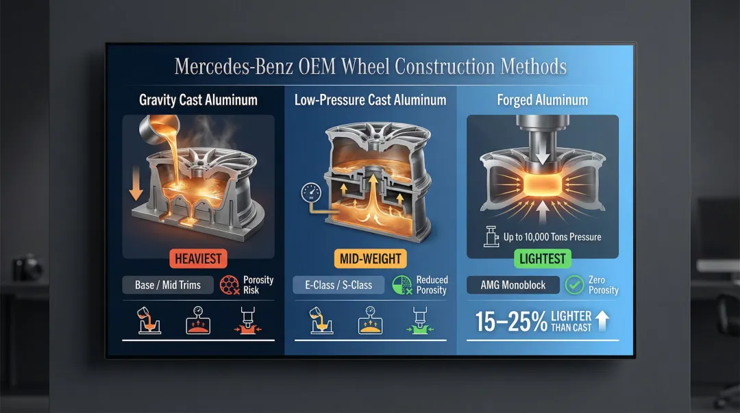 Three Mercedes OEM wheel construction methods gravity cast low-pressure cast and forged comparison