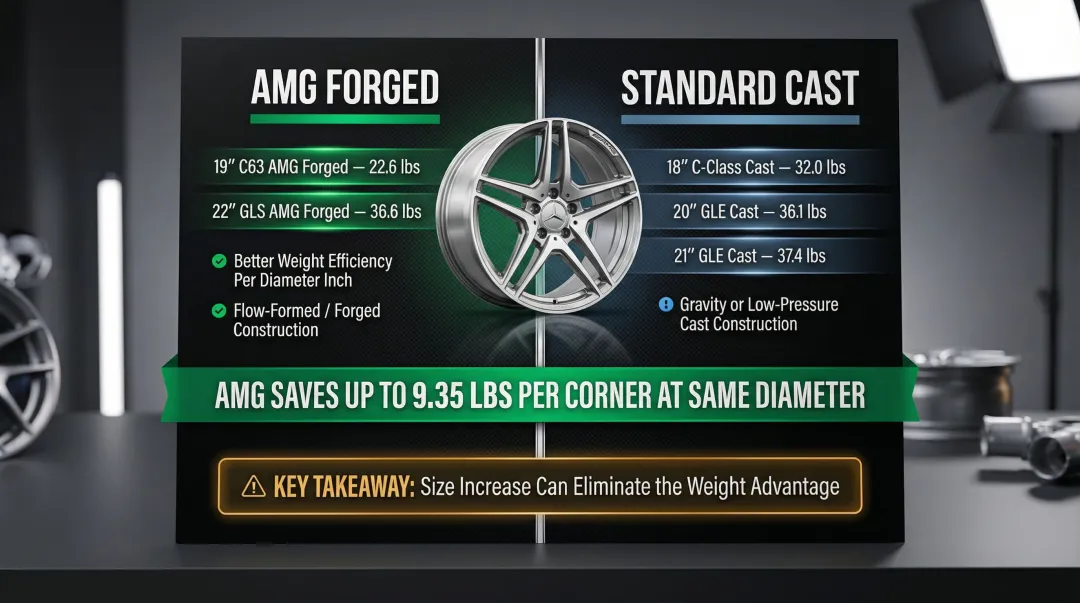 AMG forged versus standard cast Mercedes OEM wheel weight efficiency comparison chart