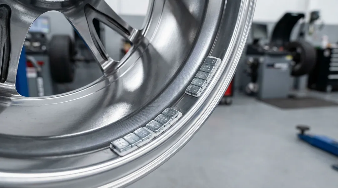 Adhesive wheel balance weights applied to alloy rim during tire balancing service