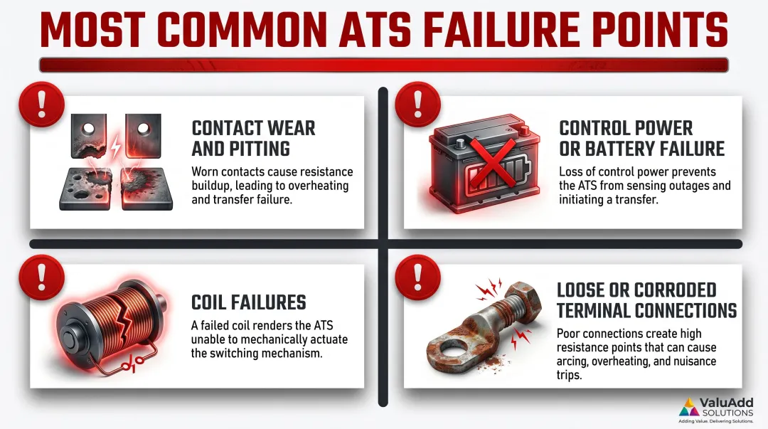 Four common ATS failure points contact wear coil failure battery and terminal corrosion