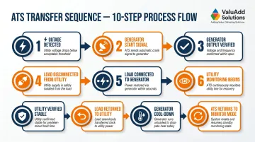 10-step automatic transfer switch operation sequence from outage detection to shutdown