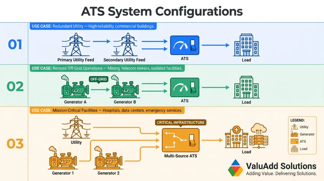 Three ATS system configuration types utility-utility generator-generator and multi-source diagrams