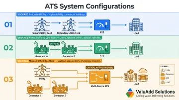 Three ATS system configuration types utility-utility generator-generator and multi-source diagrams