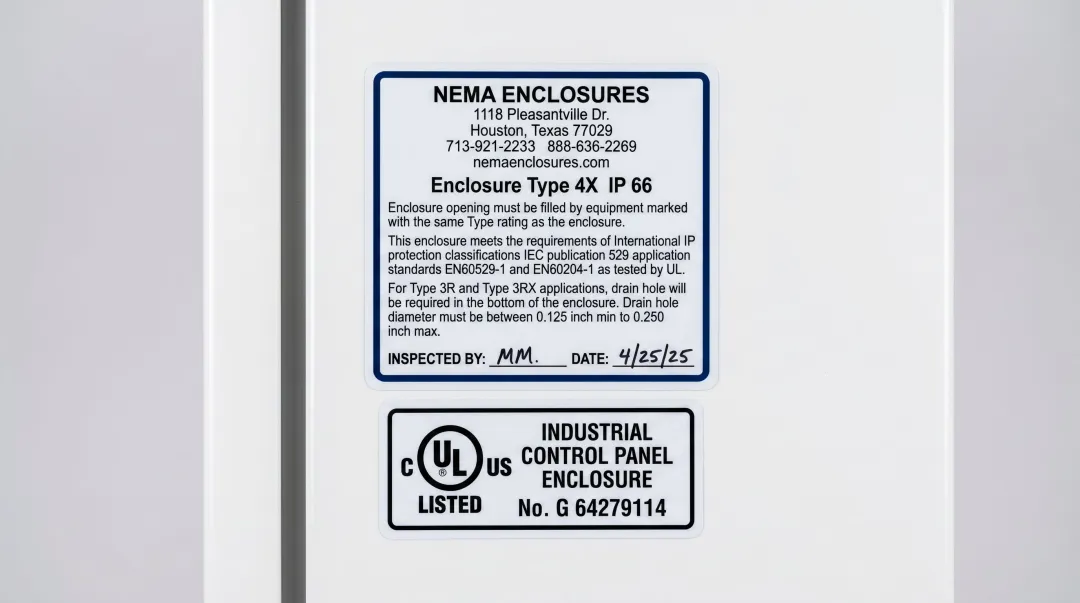 Industrial electrical compliance certification labels UL listing NEMA and IEEE standards placard