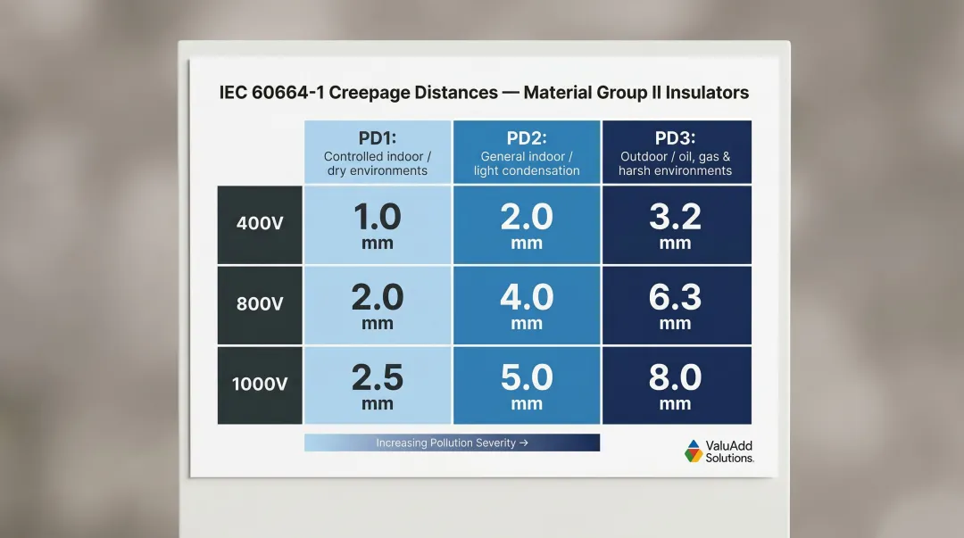 IEC 60664-1 creepage distance requirements by voltage and pollution degree
