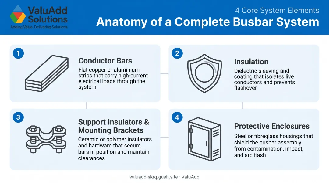 Four core components of industrial busbar system with labeled diagram