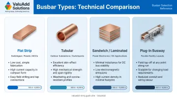 Four industrial busbar types comparison flat strip tubular sandwich plug-in
