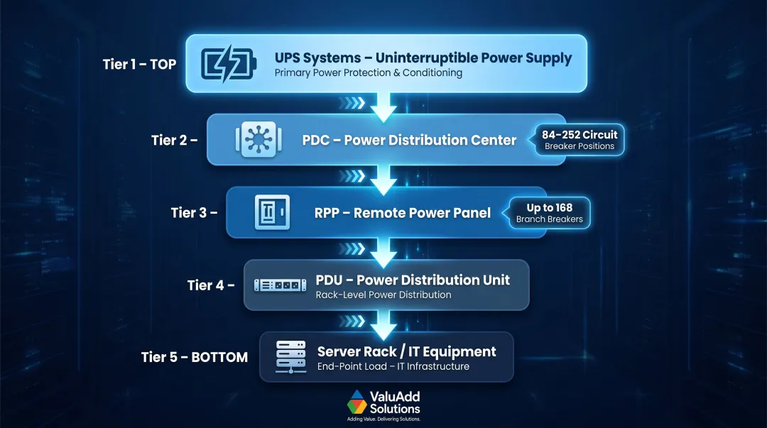 Data center power distribution hierarchy from UPS to server rack infographic