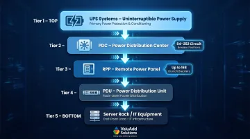 Data center power distribution hierarchy from UPS to server rack infographic