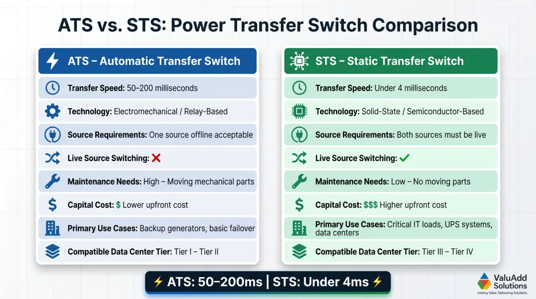 ATS versus STS transfer switch side-by-side feature comparison infographic