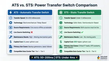 ATS versus STS transfer switch side-by-side feature comparison infographic