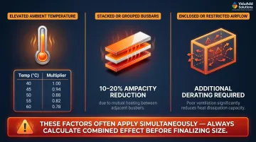 Three busbar derating factors with temperature multiplier table and combined effect warning