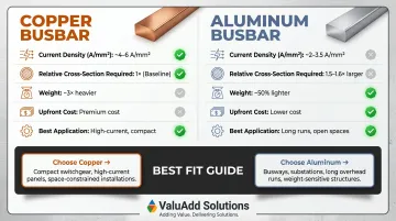Copper versus aluminum busbar properties side-by-side comparison chart for sizing decisions