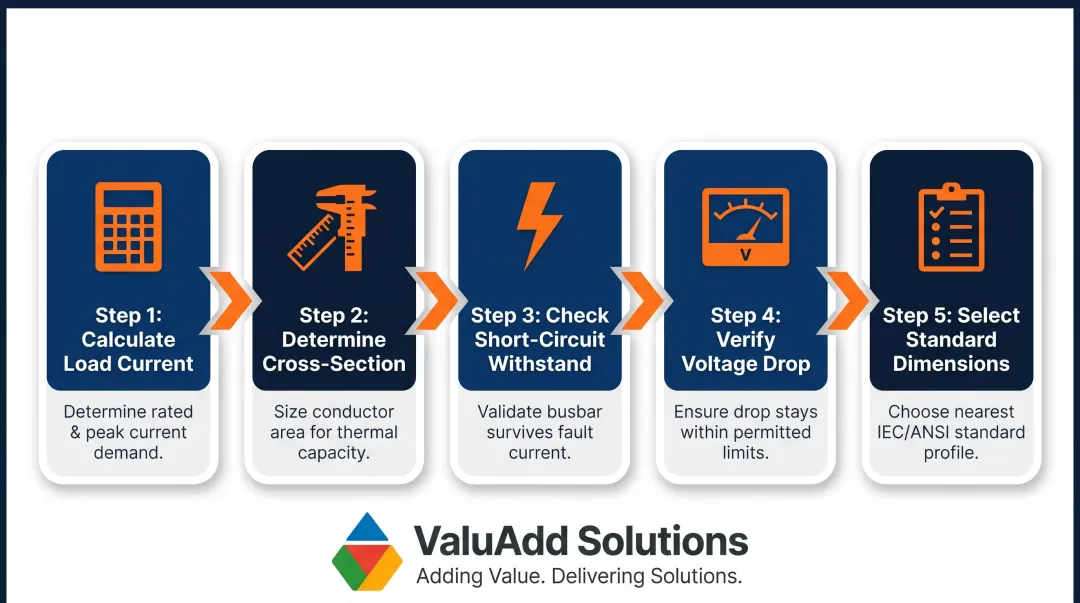 5-step busbar sizing process flow from load calculation to final validation