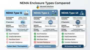 NEMA enclosure ratings Type 12 Type 4 and Type 4X environment comparison chart
