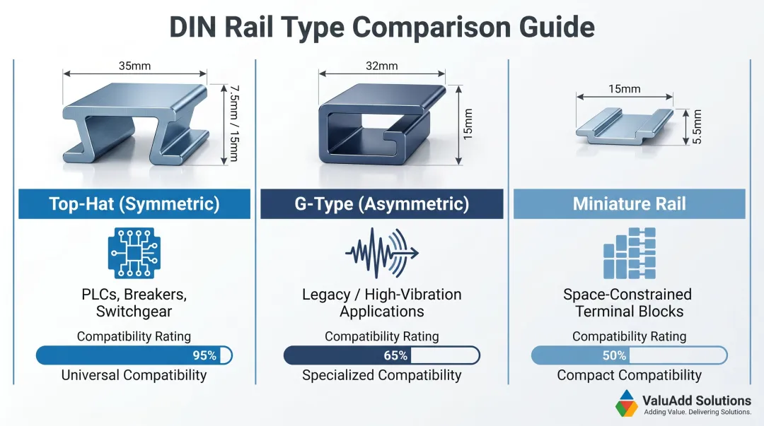 Three DIN rail types comparison dimensions and industrial panel applications