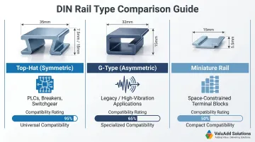 Three DIN rail types comparison dimensions and industrial panel applications