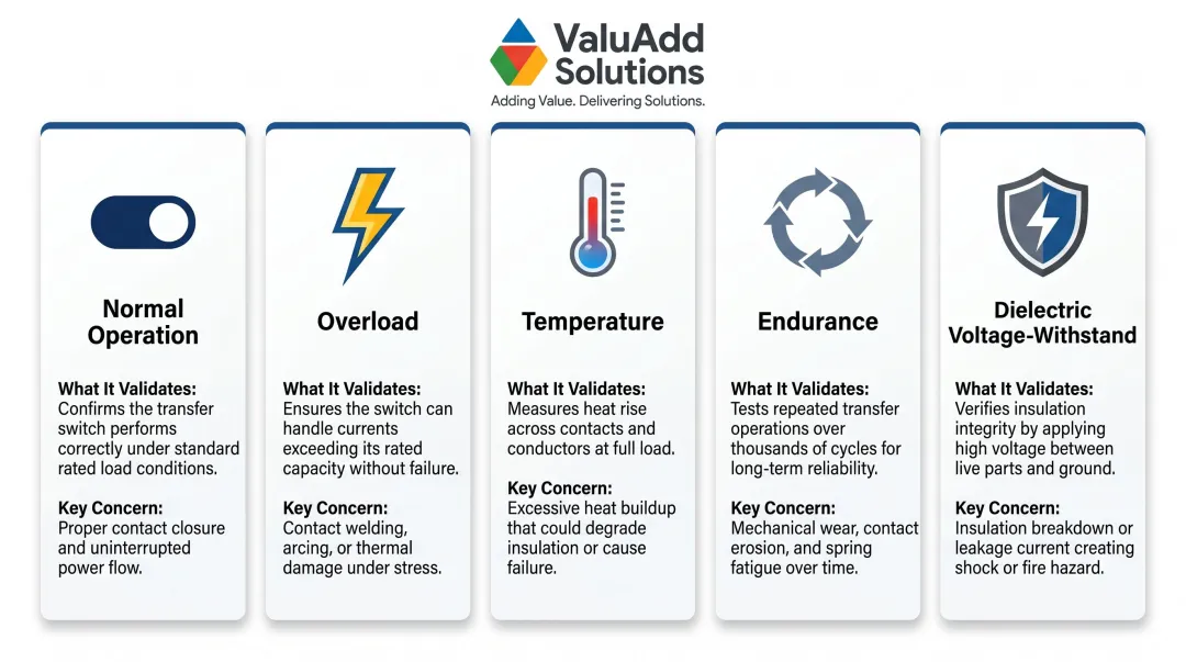 UL 1008 five core transfer switch performance tests overview infographic