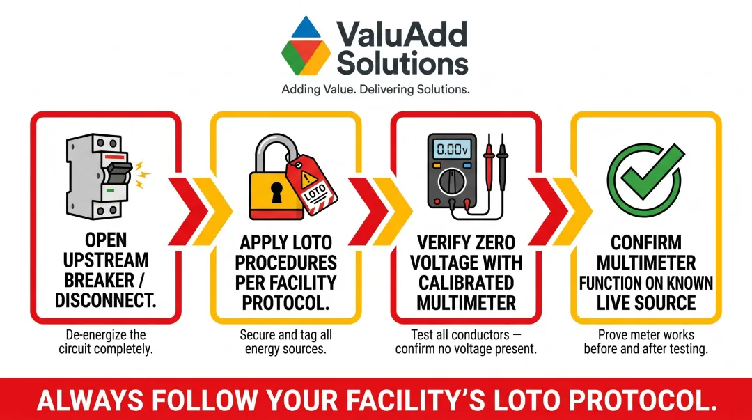 4-step lockout tagout LOTO safety process before electrical panel wiring
