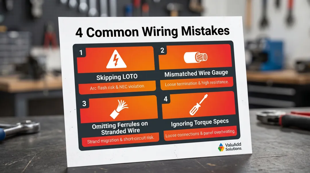 Four common power distribution block wiring mistakes and consequences infographic