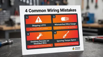 Four common power distribution block wiring mistakes and consequences infographic