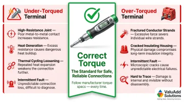 Terminal torque comparison showing under-torque versus over-torque failure modes side by side