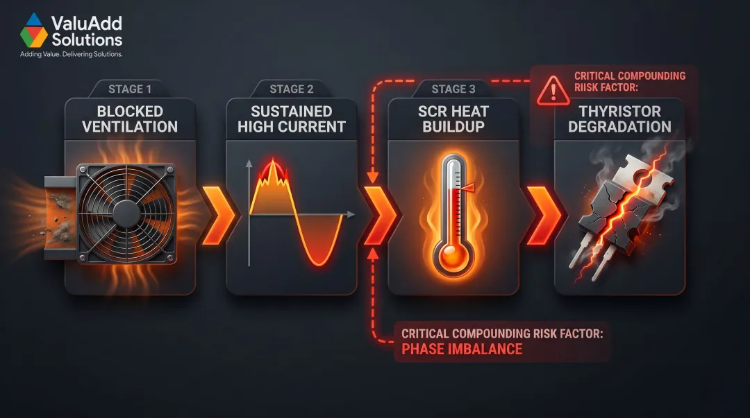 SCR thermal degradation process showing heat buildup and thyristor failure stages